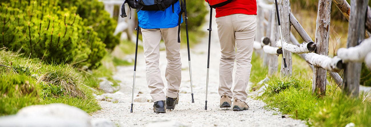 Gambe di escursionisti viste da dietro mentre camminano